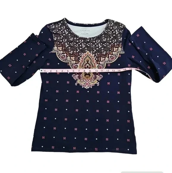 Talbots Petite Small Moroccan Paisley Print Long Sleeve Top Blue Gold Cotton - Picture 5 of 6